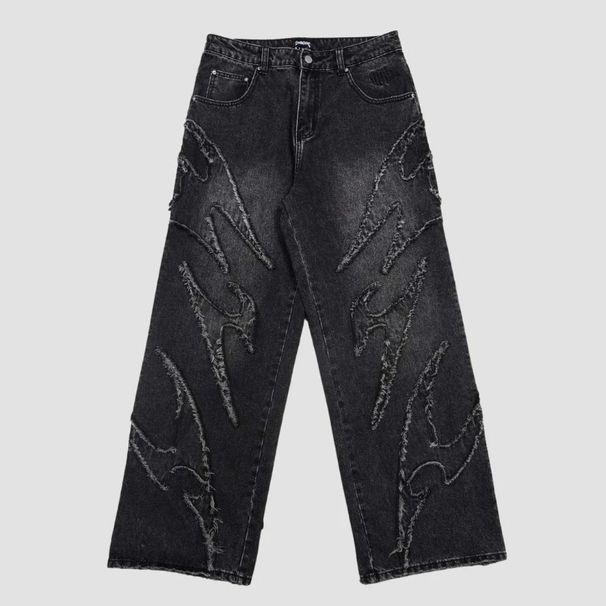 Men's Clothing American Retro Dark Style Punk Street Trend Y2k Washed Collage Embroidery Raw Edge Jeans Men And Women Cross Border_mkmklike.com