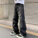 Men's Retro Washed Distressed Black Jeans High Street Style Loose Straight Leg Casual Pants Fashion_mkmklike.com