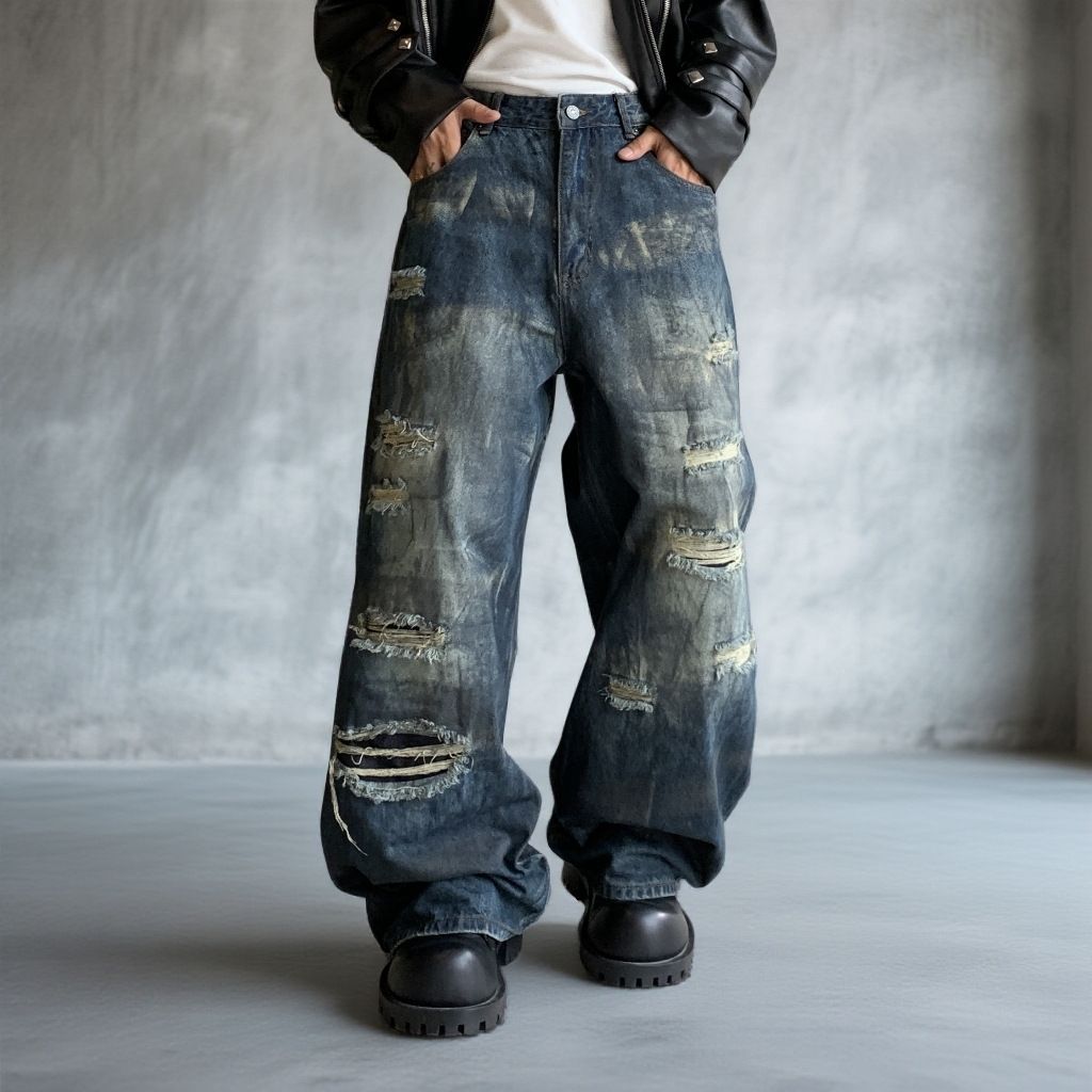 Men's Clothing Men's Vintage Ice Blue Washed Distressed Jeans – Oversized Straight Leg Denim Pants With Fake Rips (S-3XL, Low-Rise, No Stretch)_mkmklike.com