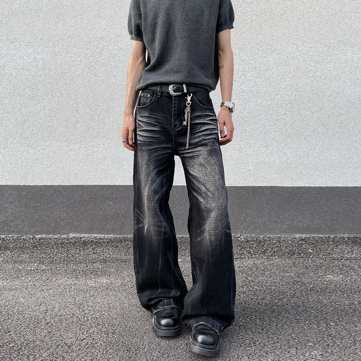 Vintage Washed Cleanfit Men's Jeans - Relaxed Straight Leg Retro High Street Style With Slight Flare_mkmklike.com