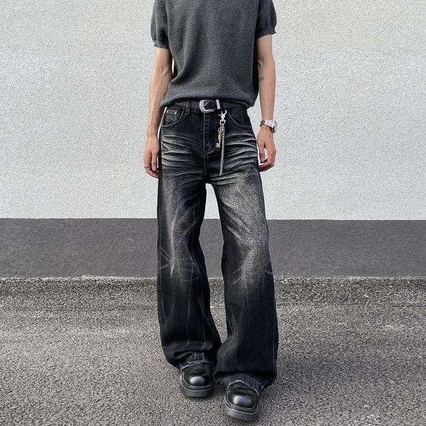 Vintage Washed Cleanfit Men's Jeans - Relaxed Straight Leg Retro High Street Style With Slight Flare_mkmklike.com