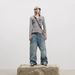 Men's Unique off the Shoulder Slanted Placket Button down Jeans Distressed Washed Loose Wide Leg Straight Leg Floor Length Trousers_mkmklike.com