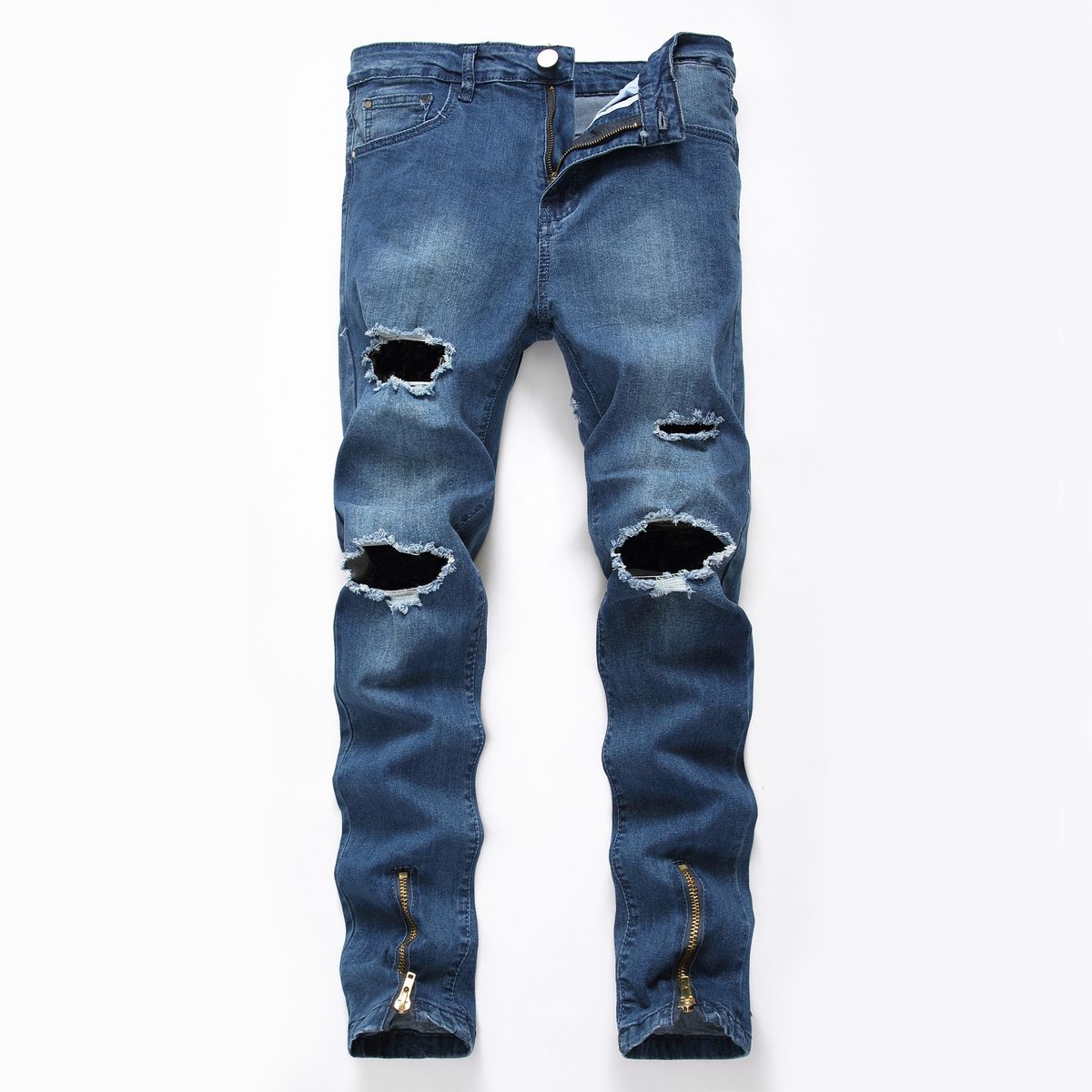 Men's Slim Fit Stretch Ripped Jeans White Distressed Denim Pants Zippered Ankle Streetwear Casual Style_mkmklike.com