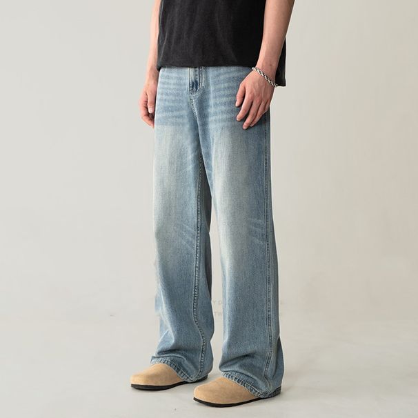 Men's High Street Vintage Clean Fit Jeans – Relaxed Straight & Slight Flare Denim Pants For Retro Streetwear – Oversized Fit Casual Trousers_mkmklike.com