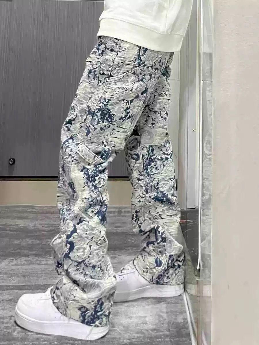 Men's Clothing Porcelain Jacquard Full Print Jeans Light Luxury Niche Design Hiphop Straight Pants_mkmklike.com