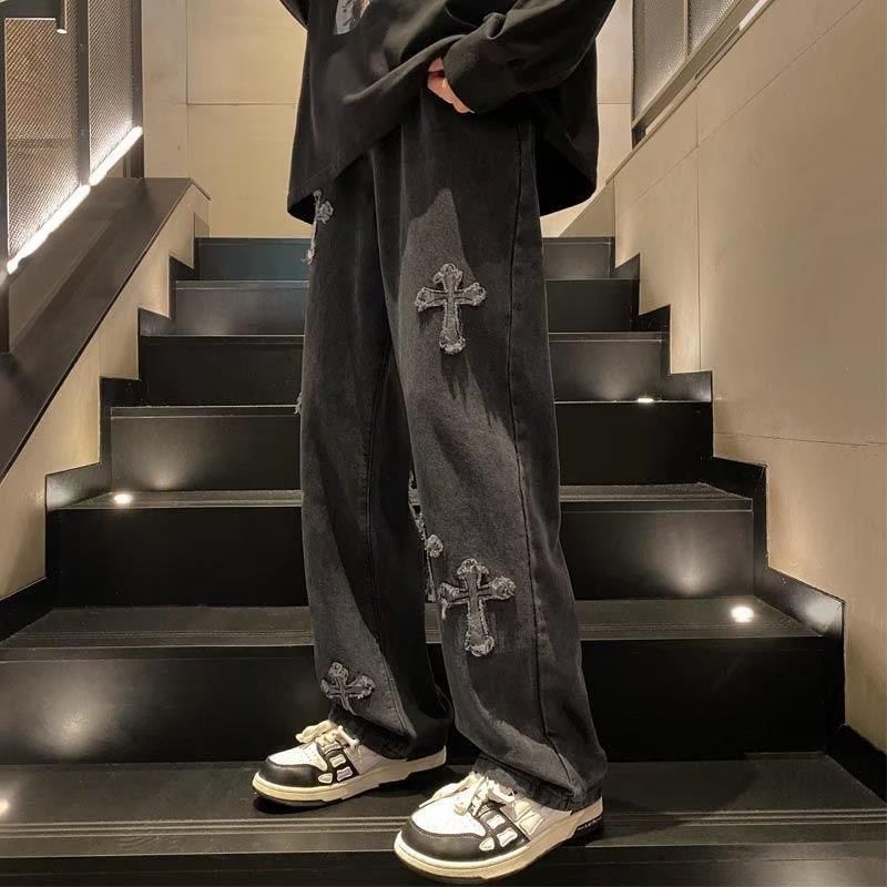Men's High-Street Oversized Straight-Leg Jeans Drop-Crotch Cross Denim Pants for Streetwear_mkmklike.com
