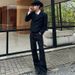 Men's Black Raw Hem Flared Jeans - Loose Fit Straight Leg Denim Pants With Embroidery, Clean Aesthetic_mkmklike.com