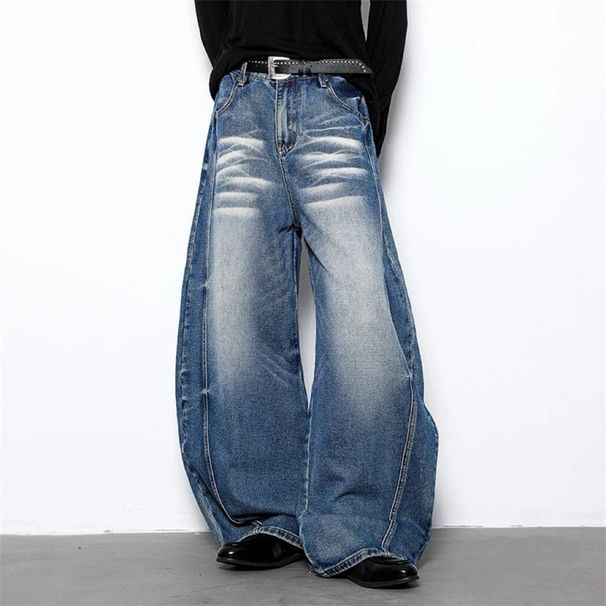 Retro Whiskered Washed Scimitar Jeans Men's And Women's Wide Leg Sickle Style Midweight Cotton Denim Trousers Black Blue_mkmklike.com