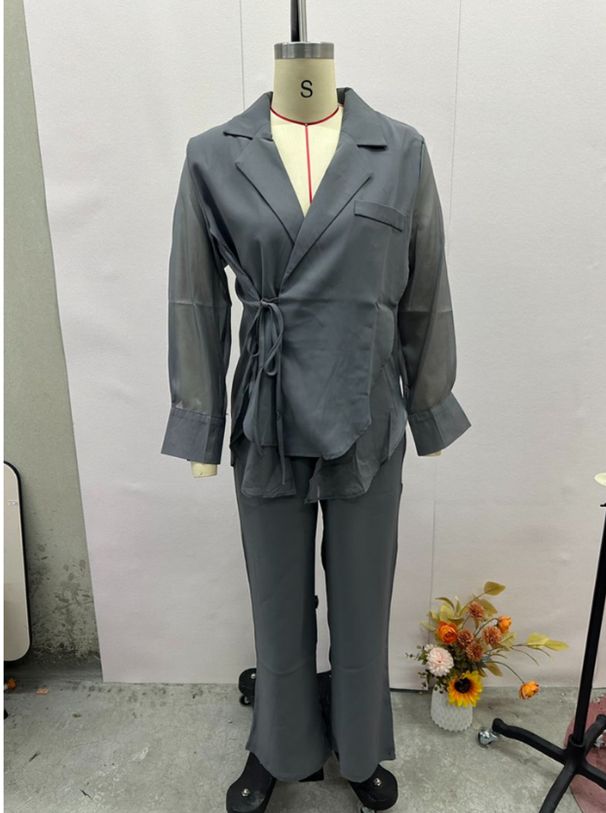 Women's Clothing High grade sun proof suit in summer chiffon splicing two piece jacket, high waist wide leg trousers, two piece suit_mkmklike.com