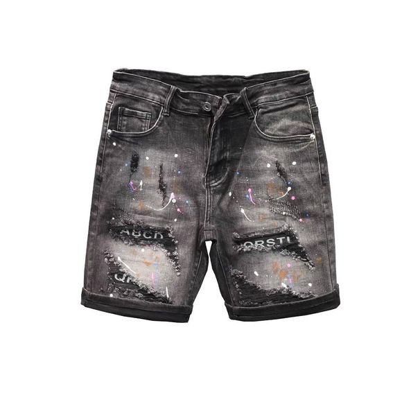 Men's Clothing Summer Trend Ink Splash Hole Retro Denim Shorts Trend Straight Thin Five Point Pants Youth Breeches_mkmklike.com