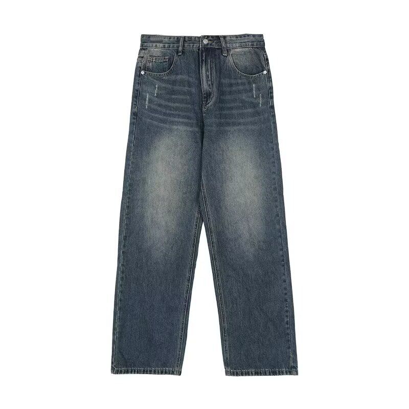 Men's Korean Style Distressed Straight Leg Jeans Loose Fit Casual High Street Retro Wide Leg Trousers_mkmklike.com