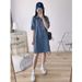 Small Denim Dress With Polo Collar, Button Up Half Front, Work Pocket, Loose Fitting Straight Tube Shirt Skirt_mkmklike.com