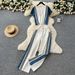 Casual Wear Women's Summer Fashion Contrast Color Striped Edge Short Sleeved Tops High Waist Denim Stitching Wide Leg Long_mkmklike.com
