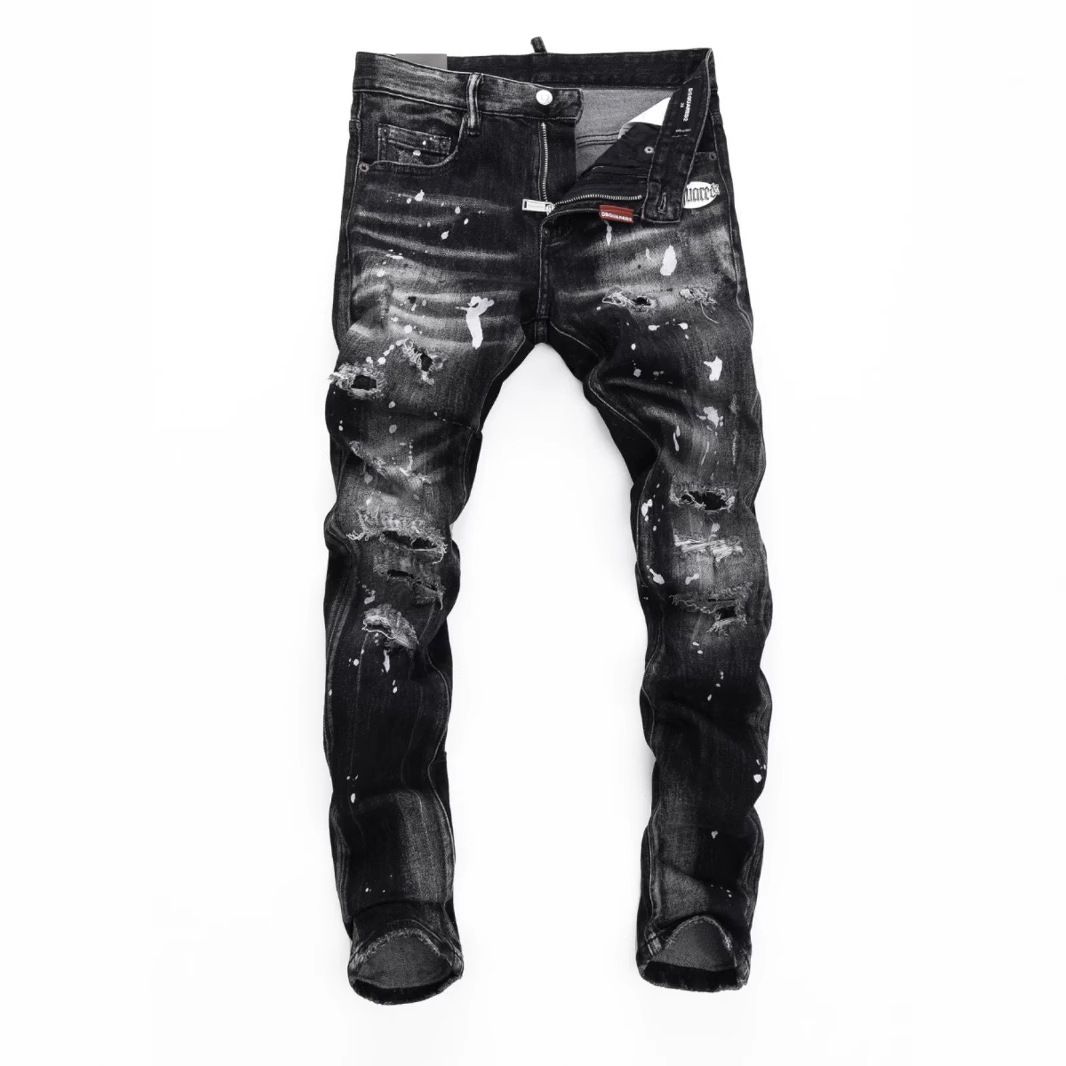 Men's Slim Fit Black Jeans With Waist Print Straight Leg Stretch Denim Pants For Casual Streetwear_mkmklike.com
