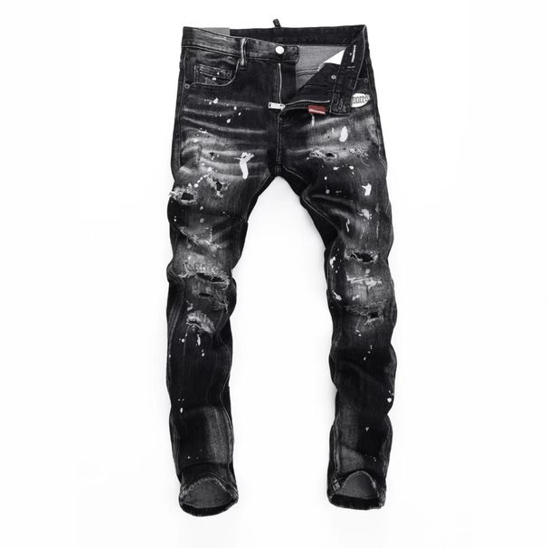 Men's Slim Fit Black Jeans With Waist Print Straight Leg Stretch Denim Pants For Casual Streetwear_mkmklike.com
