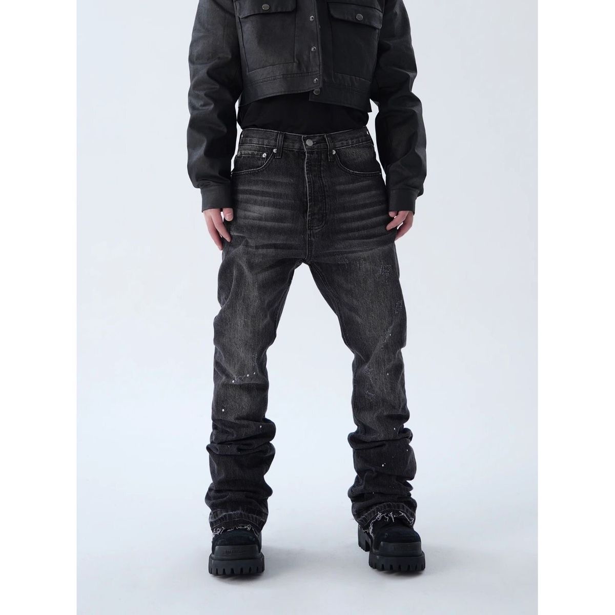 FARcleanfit 2026 Self Distressed Slim Fit Jeans Hand Whiskered Splatter Paint mid Waist Slightly Flared Long Straight Pants_mkmklike.com