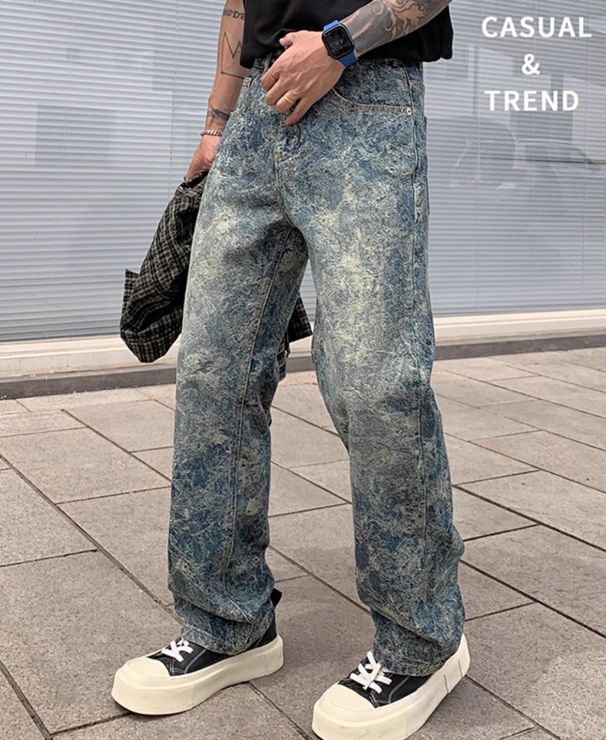 Men's Retro High Street Loose Fit Straight-Leg Jeans Jacquard Denim Pants_mkmklike.com