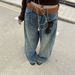 Women's Clothing Trendy Wide Leg Knife Pants Distressed Retro Blue Denim Fleece Lined Loose Curved Fit Street Style Washed Whiskered_mkmklike.com