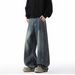 Men's High Street Wide Leg Jeans - Vintage Washed Loose Fit Straight Denim Pants With Dropped Hem (Retro Blue/Blue/Black)_mkmklike.com