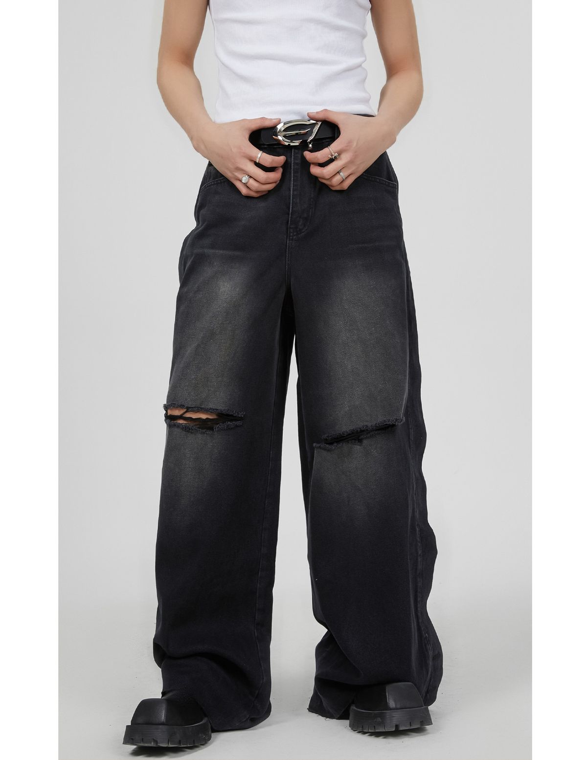 Men's High Street Retro Washed Distressed Jeans Loose Straight Leg Wide Leg Pants Unique Drape_mkmklike.com