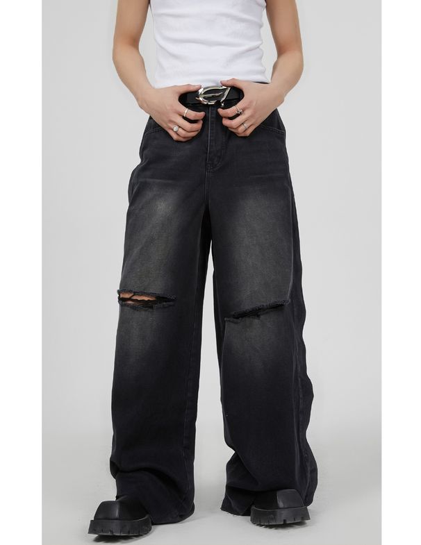Men's High Street Retro Washed Distressed Jeans Loose Straight Leg Wide Leg Pants Unique Drape_mkmklike.com