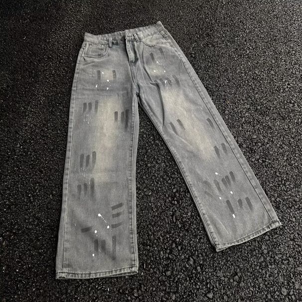 Men's Slim Fit Straight Leg Jeans Western Hip Hop Street Style Paint Splatter Distressed Finish American High Street Vibe_mkmklike.com
