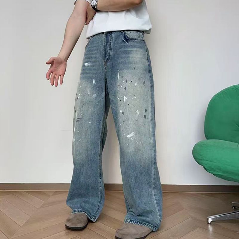 Men's Clothing Unisex Trendy Casual Straight Leg Denim Trousers Retro Graffiti Inkjet Versatile Simple Design_mkmklike.com