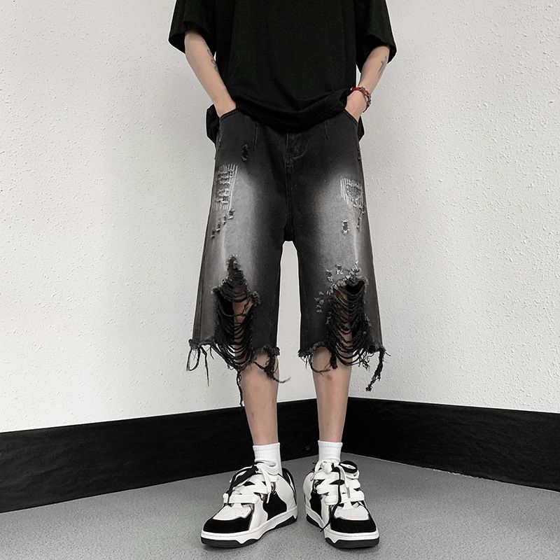Men's Clothing Semi Elastic Jeans Ripped High Street Fashion Hiphop Street Hip Hop Retro Distressed Casual Shorts_mkmklike.com