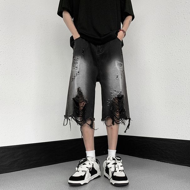 Men's Clothing Semi Elastic Jeans Ripped High Street Fashion Hiphop Street Hip Hop Retro Distressed Casual Shorts_mkmklike.com