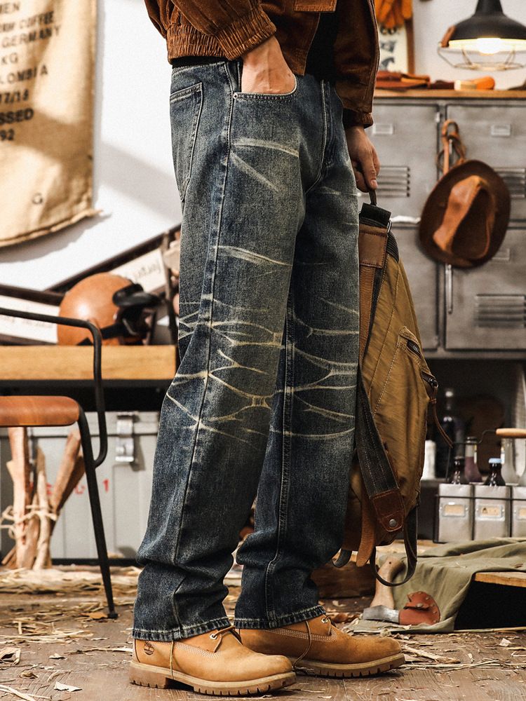 Classic Vintage Heavyweight Straight Leg Jeans Relaxed Fit Washed Denim Five-Pocket Design, Mid Rise, Non-Stretch, Comfortable Casual Pants_mkmklike.com