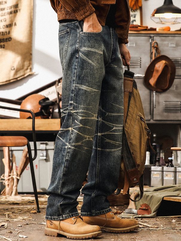 Classic Vintage Heavyweight Straight Leg Jeans Relaxed Fit Washed Denim Five-Pocket Design, Mid Rise, Non-Stretch, Comfortable Casual Pants_mkmklike.com
