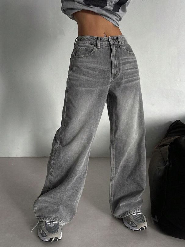 Women's Clothing Street Retro Smoky Gray Washed Wide Leg Jeans Autumn And Winter High Waist Loose Wide Leg Mopping Pants_mkmklike.com