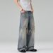 Men's Faux Two-Piece Patchwork Ripped Frayed Hem Straight Leg Jeans American Style Trendy Loose Fit For Men And Women_mkmklike.com