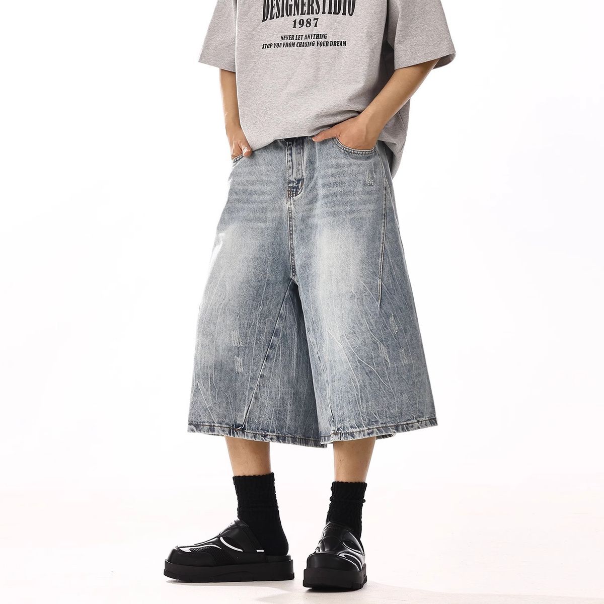 Men's Clothing Summer New Cropped Jeans Men's Loose Straight Trendy Brand Fashion Casual Shorts Washed Retro_mkmklike.com