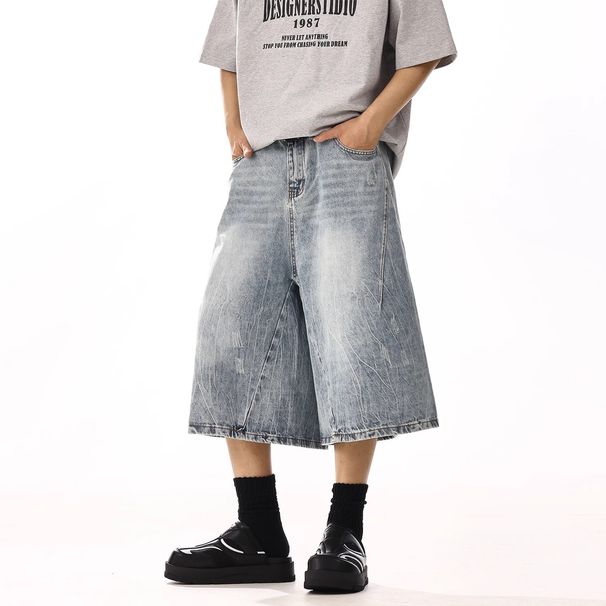 Men's Clothing Summer New Cropped Jeans Men's Loose Straight Trendy Brand Fashion Casual Shorts Washed Retro_mkmklike.com