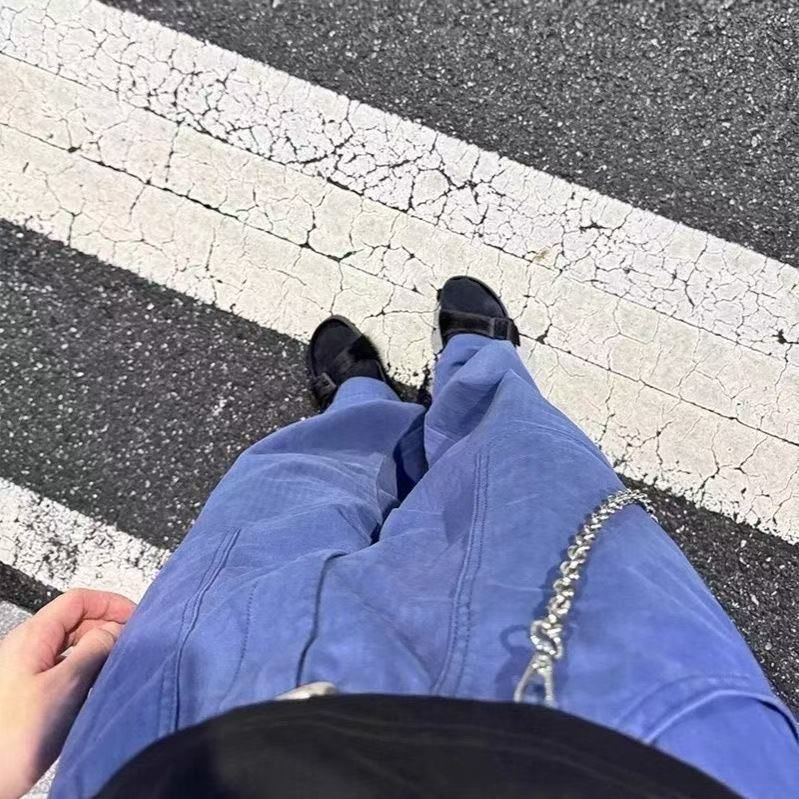Vintage Workwear Blue Jeans Baggy Fit Straight Leg Denim Pants for Men with Utility Pockets_mkmklike.com