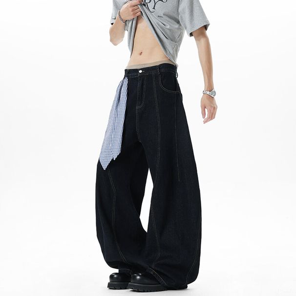 Unisex Oversized Wide-Leg Distressed Denim Jeans Asymmetrical Hem Detachable Waist Scarf S-3XL Men's Clothing_mkmklike.com