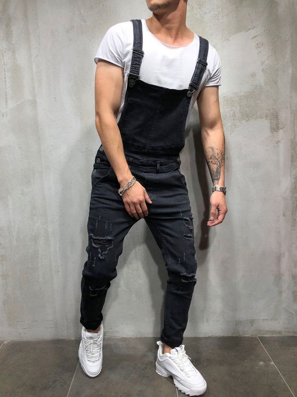 Men's Clothing Suspender Jumpsuit Frayed Men's Jeans Trousers Overalls_mkmklike.com