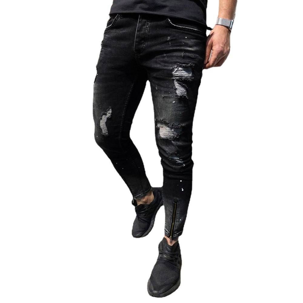 Men's Clothing Fashion Youth Wear Ripped Zipper Elastic Slim Fit Men's Jeans_mkmklike.com