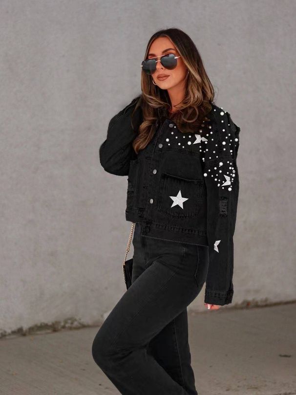 Women's Clothing Distressed Denim Jacket With Rhinestone Embroidery – Oversized Casual Boho Style For Fall & Winter_mkmklike.com