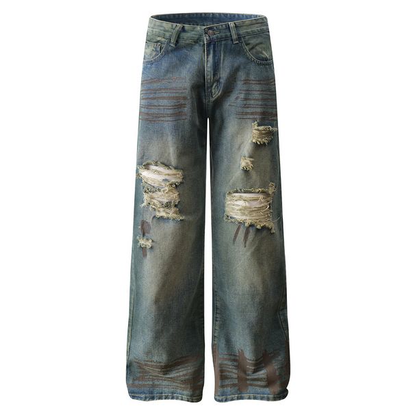 Men's Clothing High Street Ripped Jeans Men's Trendy Brand Handsome Street Retro Old Wide Leg Beggar Pants_mkmklike.com