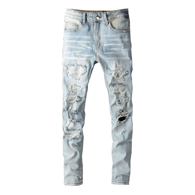 Men's Crystal Holes Ripped Patchwork Jeans Streetwear Light Blue Denim Thin Thin Pencil Pants Pants_mkmklike.com