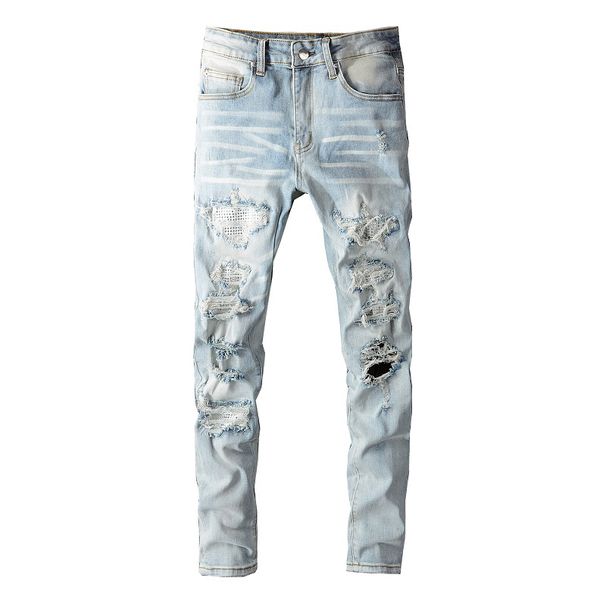 Men's Crystal Holes Ripped Patchwork Jeans Streetwear Light Blue Denim Thin Thin Pencil Pants Pants_mkmklike.com