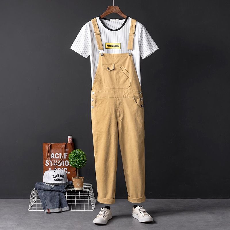 Pure Japanese Retro Casual Jumpsuit Nine-point Trendy Korean Version Youth Couple Overalls Men's Workwear Suspender Pants_mkmklike.com