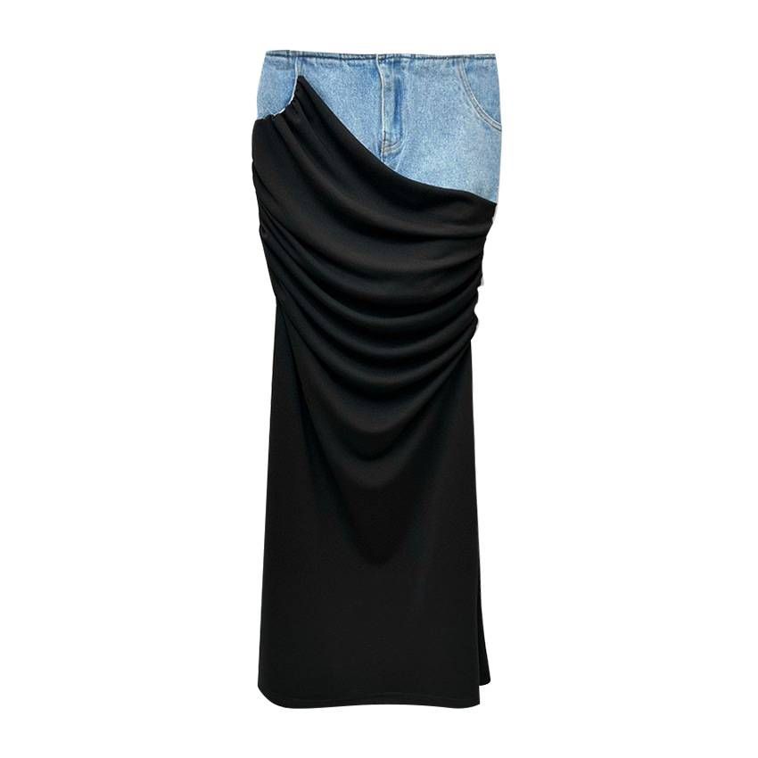 Modern high waisted half skirt for women, new black pleated patchwork design, long denim half skirt_mkmklike.com