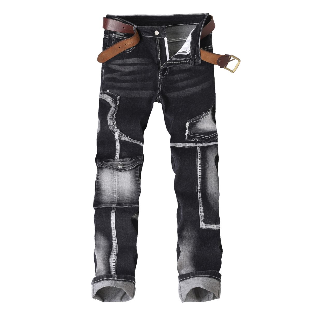 Men's Slim Fit Stretch Jeans – Black Distressed Denim Pants With Straight Leg & Mid-Rise Waist, Trendy Multi-Process Design_mkmklike.com