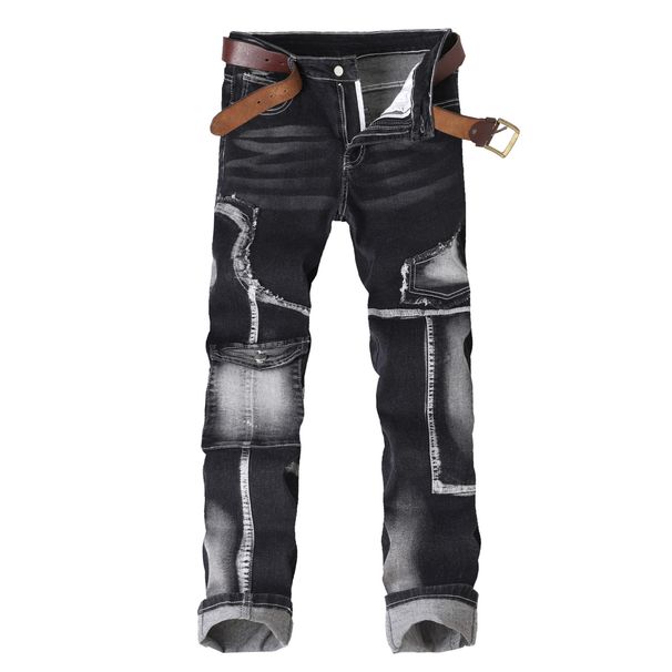 Men's Slim Fit Stretch Jeans – Black Distressed Denim Pants With Straight Leg & Mid-Rise Waist, Trendy Multi-Process Design_mkmklike.com