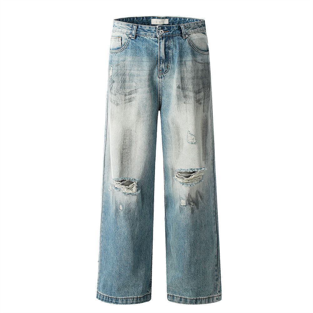 Color-Block Washed Ripped Jeans With Double Pockets Trendy Punk Vintage Dirty Straight-Leg Pants For Men_mkmklike.com