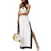 Women's new cotton and linen backless halter neck split temperament dress female_mkmklike.com