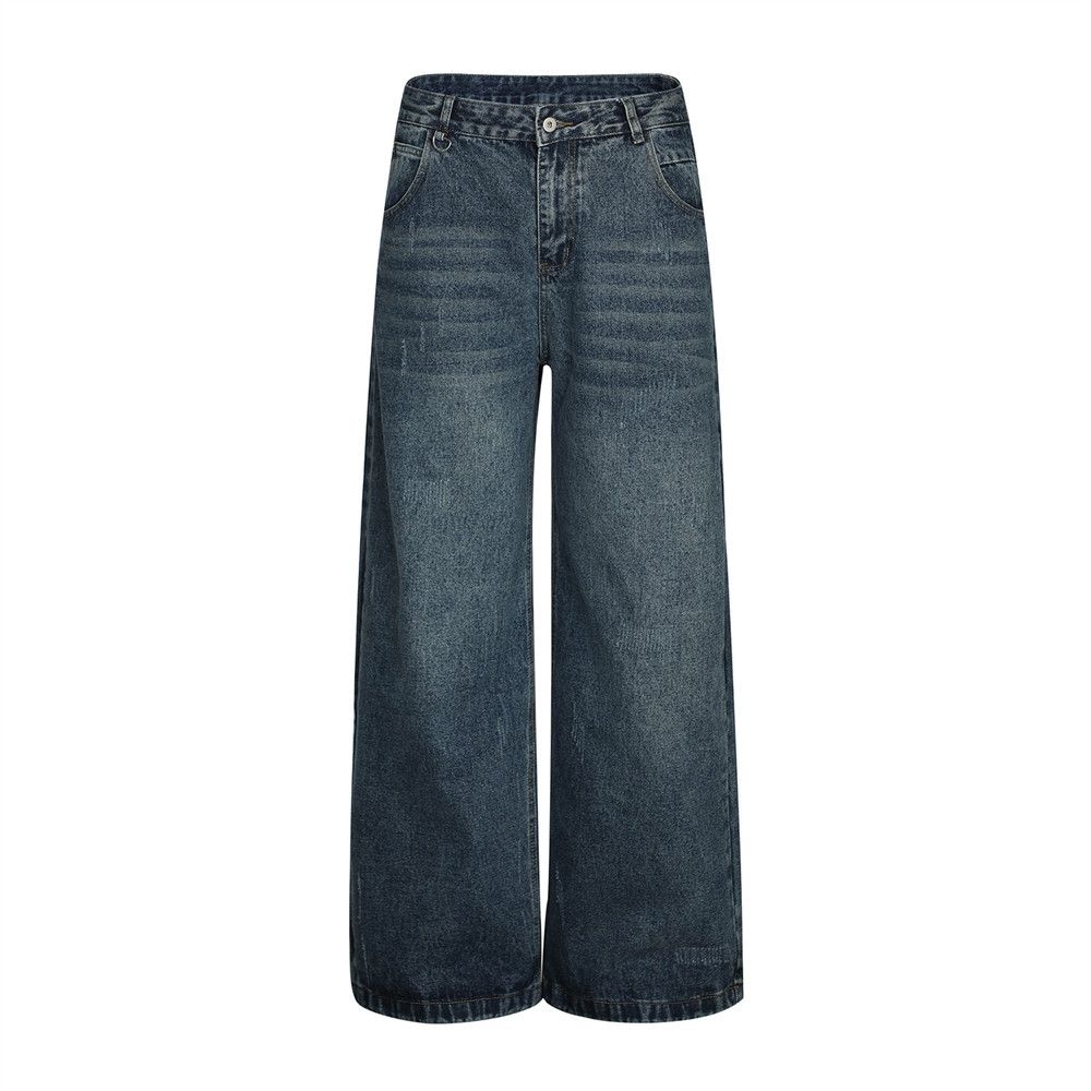 American Style Washed Denim Wide-Leg Men's Versatile Loose Dad Handmade Distressed Vintage Pants Trendy_mkmklike.com